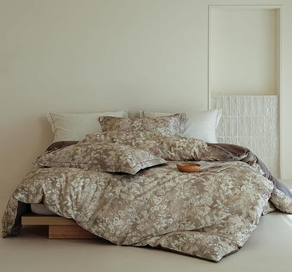 King Size Floral Comforter Set, 3Pcs Long Staple Cotton Duvet for All Seasons, Brown Botanical Print Bedding Set with 1 Lightweight Comforter and 2 Pillow Shams