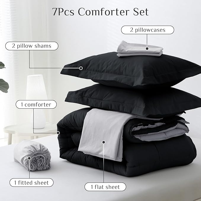 JOLLYVOGUE King Comforter Set, Ultra-Soft Bed in a Bag King Size 7 Pieces, Oeko-TEX Certified Bedding Set with Down Alternative Comforter, Sheets, Pillowcases & Shams, Black & Light Grey