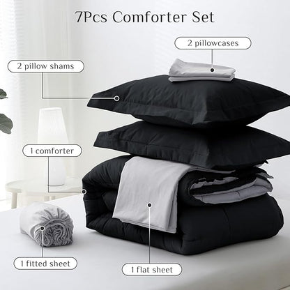 JOLLYVOGUE Queen Comforter Set, Ultra-Soft Bed in a Bag Queen Size 7 Pieces, Oeko-TEX Certified Bedding Set with Down Alternative Comforter, Sheets, Pillowcases & Shams, Black & Light Grey