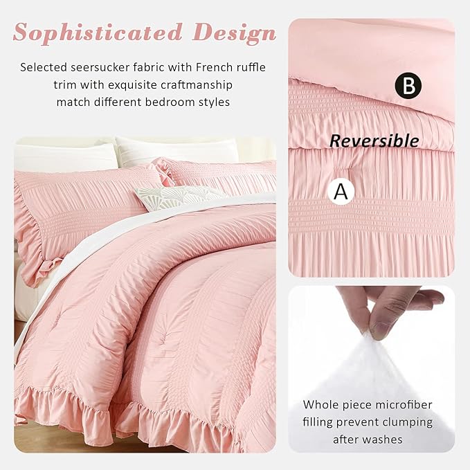 Blush Pink Comforter Set Queen Seersucker Design with Ruffled Edges, Ultra-Soft Pink Bedding Set Queen Size 3 Piece Set, Down Alternative Light-Weight Comforter Set(Blush Pink,Queen)