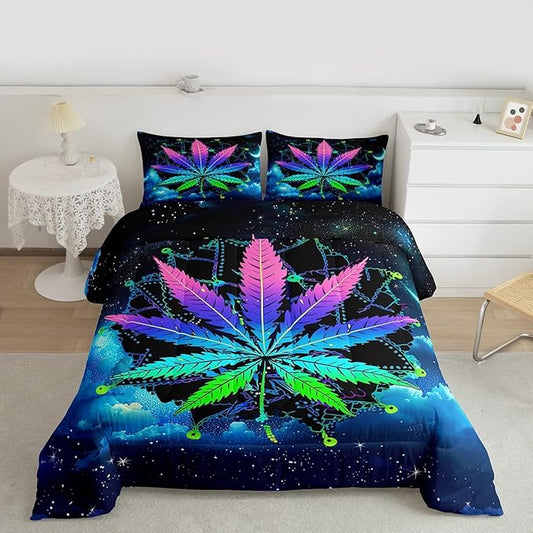 Erosebridal Leaves Comforter Set Bohemian Mandala Duvet Set Full Size Leaf Quilt Set Galaxy Starry Sky Quilted Duvet, Blue Purple Bedding Set for Room Decor