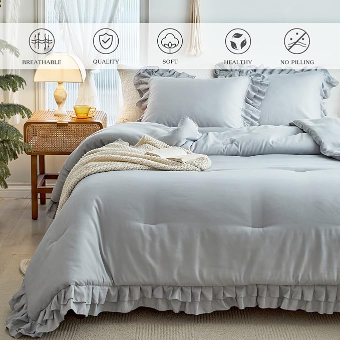 Grey Ruffled Comforter Set King Size, 3 Pieces (1 Ruffled Comforter and 2 Pillowcases) Farmhouse Shabby Chic Style with 2 Layers Ruffle, Solid Color Lightweight Fluffy Bedding Sets for All Season
