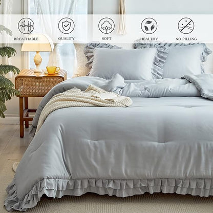 Grey Ruffle Comforter Set Full/Queen Size, 3 Pieces (1 Ruffled Comforter and 2 Pillowcases) Farmhouse Shabby Chic Style with 2 Layers Ruffle, Solid Color Lightweight Fluffy Bedding Sets for All Season