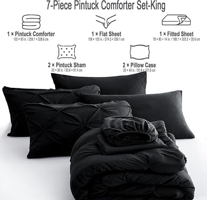 Ubauba 7pc Black King Size Comforter Set with Sheets, 7 Piece Pinch Pleating Bed in a Bag Sets, Pintuck All Season Beddings with Comforter (Black,King)