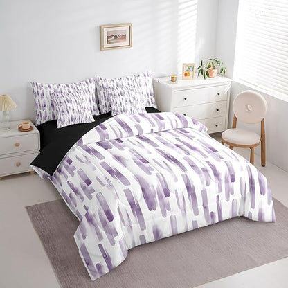 Erosebridal 7Pcs Violet Gradient Abstract Comforter Set Full,Purple Geometric Striped Bed in A Bag for Women Men,Ink Ombre Modern Art Quilt Set with Pillowcases,Boho Graffiti Watercolor Bedding