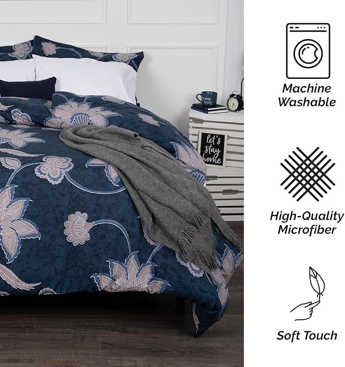 Southshore Fine Living, Inc. Grand Floral Collection - King Comforter Set, Premium Bedding, All-Season Down Alternative, Oversized 3-Piece Comforter Set, King/California Size, Blue