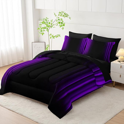 Purple and Black Bedding Set King Size Abstract Ombre Comforter Set Bedding Set 7 Piece in A Bag,Dark Quilt Set Mordern Art Decor All Seasons with Pillowcases,Flat, Fitted Sheet