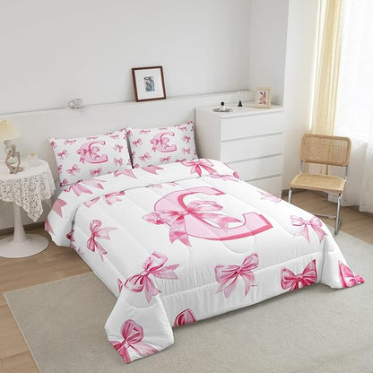 Erosebridal Initial Letter C Bedding Comforter Sets Pink Monogrammed Bowknot Comforter Set Queen,Dreamy Princess Bow Bedding Set for Kids Girls Teen Women,Kawaii Girly Bowknot Bed Set,2 Pillow Cases