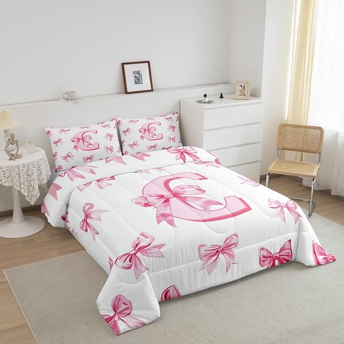 Erosebridal Initial Letter C Bedding Comforter Sets Pink Monogrammed Bowknot Comforter Set Full,Dreamy Princess Bow Bedding Set for Kids Girls Teen Women,Kawaii Girly Bowknot Bed Set,2 Pillow Cases