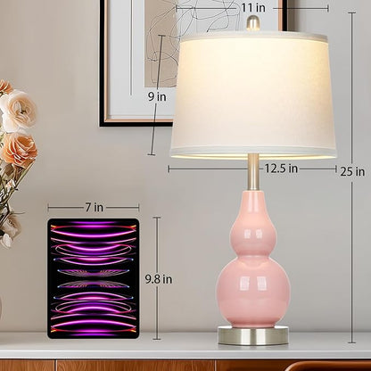 Pink Ceramic Lamps Set of 2, 25" Modern Double Gourd Ceramic Table Lamps for Living Room, Cute Bedside Nightstand Lamps with Fabric Shade for Bedroom End Table Home Office Girls Room(2 Bulbs Included)