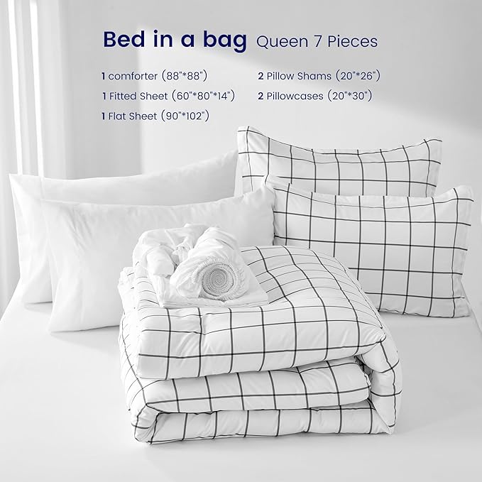 SLEEP ZONE Comforter Set for Queen Size, All-Season Queen Down Alternative Quilted Comforter, Winter Warmth Breathable,Super Soft,Machine Washable(88x88) (Grey Grid White, Queen)