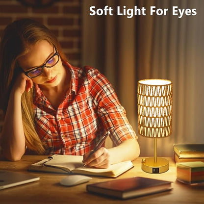 Gold Table Lamp for Bedroom with Bulb, Small Touch Control Table Lamp for Living Room with Rattan & Linen Shade, 3 Way Dimmable Bedside Lamp for Nightstand with USB Charging Port & Phone Stand