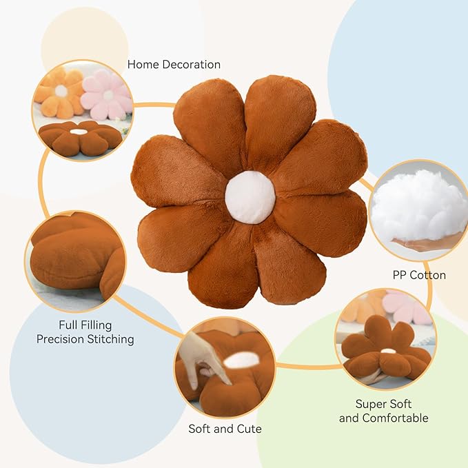 FIONOUT Flower Pillow, 17.7inch Brown Throw Pillows, Brown Decorative Throw Pillows, Flower Throw Pillow, Flower Floor Pillow Fall Throw Pillow Floor Cushions for Reading and Room Dector