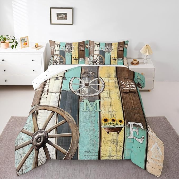 Rustic Farmhouse Cabin Bedding Set Retro Western Barn Wheel Windmill Comforter Set Full,Farm Animal Sunflower Lodge Down Comforter,Pastoral Country Planks Quilt Duvet Insert Yellow Teal Brown 3 Pcs