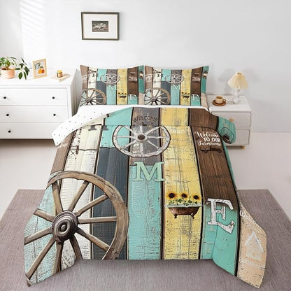 Rustic Farmhouse Cabin Bedding Set Retro Western Barn Wheel Windmill Comforter Set Full,Farm Animal Sunflower Lodge Down Comforter,Pastoral Country Planks Quilt Duvet Insert Yellow Teal Brown 3 Pcs