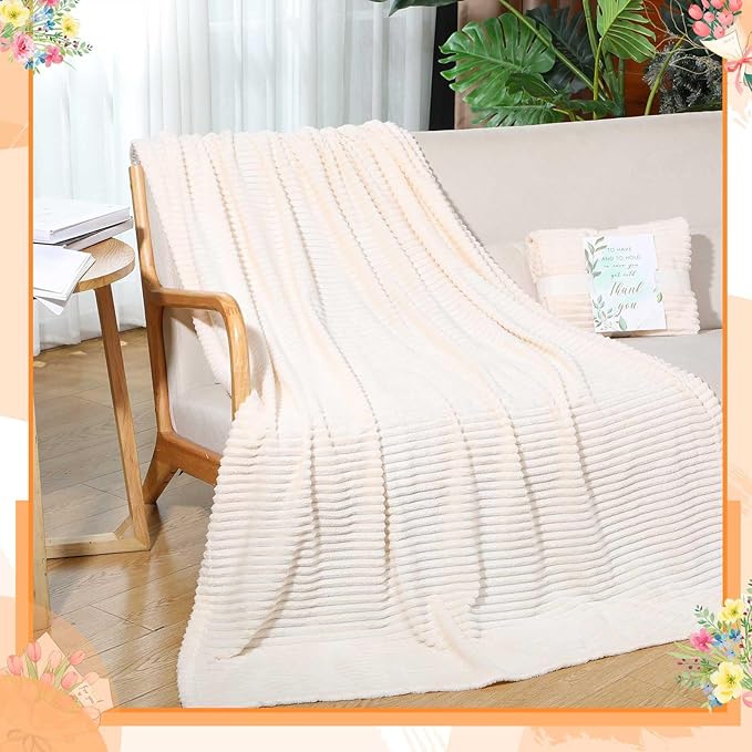 Buryeah 24 Pcs Wedding Flannel Fleece Throw Blanket Bulk with Thank You Card and Ribbon, 50 x 60 in Oeko-TEX Standard 100 Certified Blankets Outdoor Wedding, Guest Party Souvenirs (Ivory)