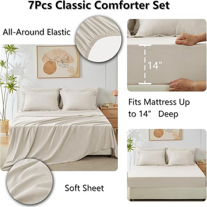 CozyLux King Size Comforter Set Beige - 7 Pieces Bed in a Bag King, Luxury Soft Bed Set for All Seasons, Bedding Set with Down Alternative Comforter, Sheets, Pillowcases & Shams