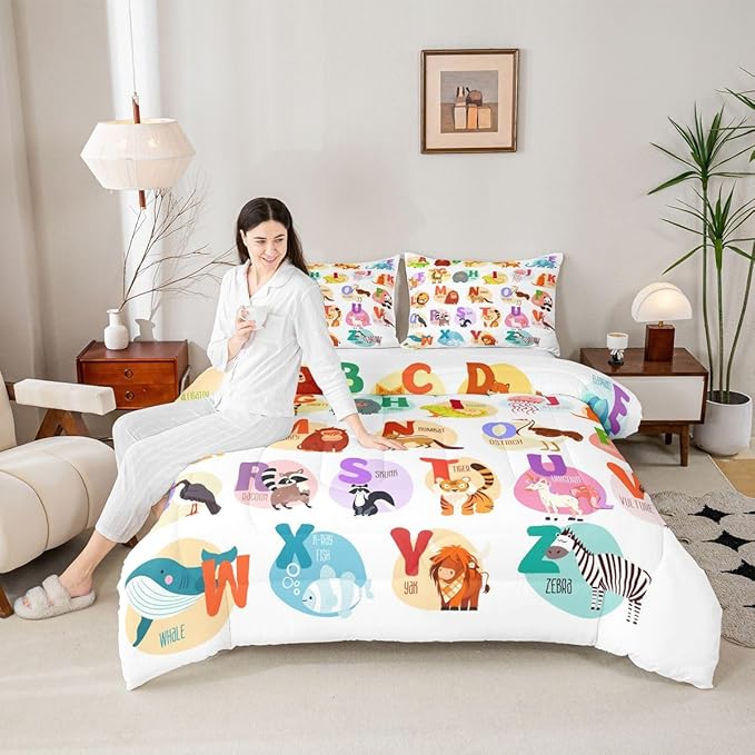 Alphabet Bedding Set for Kids Room Decor Cute Cartoon English Alphabet Comforter Set for Child Boys Girls,Animal ABC Fish Pattern Duvet Insert Ocean Sealife 26 Letters Bedroom Decor Queen Size