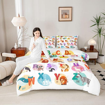 Alphabet Bedding Set for Kids Room Decor Cute Cartoon English Alphabet Comforter Set for Child Boys Girls,Animal ABC Fish Pattern Duvet Insert Ocean Sealife 26 Letters Bedroom Decor Queen Size