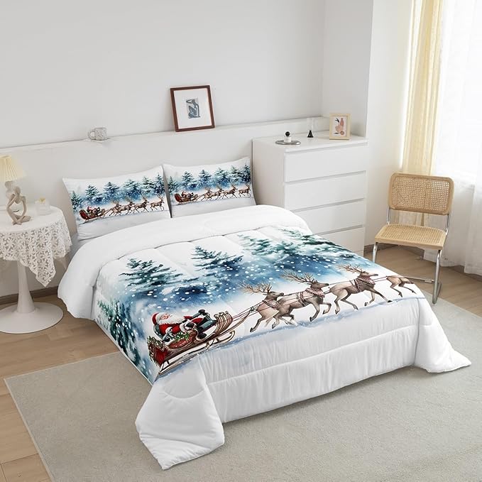 Santa Claus Bedding Set Full Size,Elk Sledge Comforter Set 3Pcs for Kids Boys Girls Teens Room Decor,Pine Tree Jungle Quilt Set Winter Snowflake Blue White Duvet Insert,2 Pillowcases