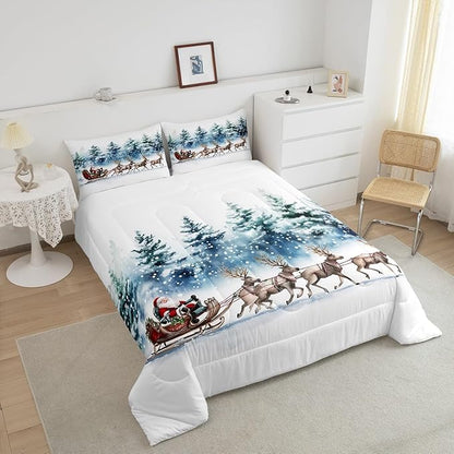 Santa Claus Bedding Set Full Size,Elk Sledge Comforter Set 3Pcs for Kids Boys Girls Teens Room Decor,Pine Tree Jungle Quilt Set Winter Snowflake Blue White Duvet Insert,2 Pillowcases