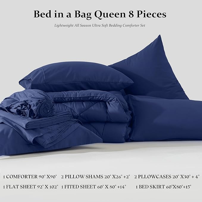 Newspin Queen Comforter Set Blue - Bed in a Bag Queen Size 8 Pieces, All Season Bed Set, Fluffy Comforter Set with Sheets, Sheet Set Quilt Blanket, Pillowcases & Shams & Bed Skirt