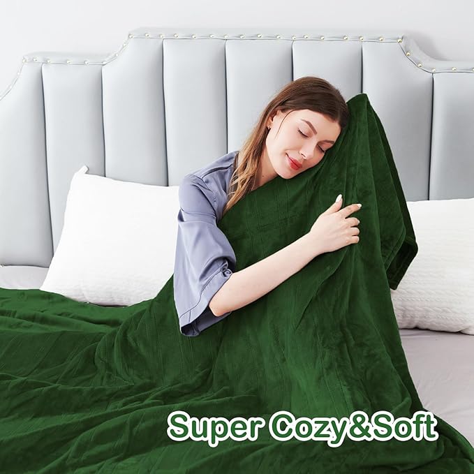 Electric Heated Blanket Queen Size 84"x90", Soft Plush Microplush for Bed, Dual Controllers & Dual Heating Zones, 10 Hours Auto Off & 5 Heating Levels, Machine Washable, Gifts for Family-Green
