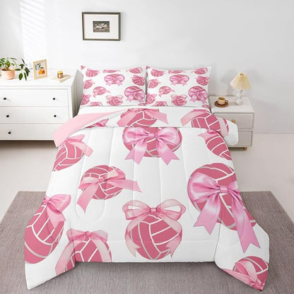 Bowknot Volleyball Bedding Sets Twin Size,Pink Bow Knot Print Comforter Set 2Pcs for Kids Girls Women Room Decor,Ball Sport Games Theme Quilted Duvet Cute Cartoon Girly Down Comforter,1 Pillowcase