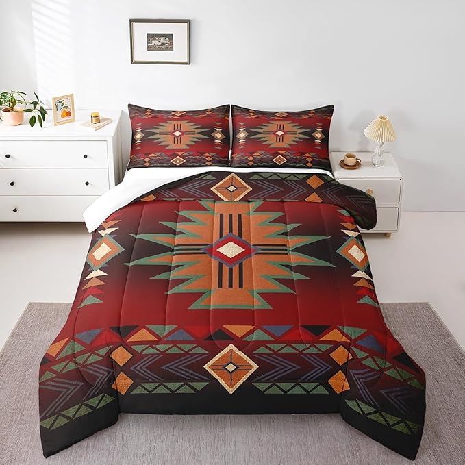Western Comforter Set Queen Size,Red Black Cowboy Cowgirl Bedding Set for Boys Girls,Kids Adult Aztec Native Tribal Quilt Set Retro Geometric Arrow Striped Bohemian Duvet Insert,2 Pillowcases