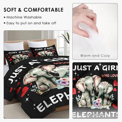 King Size Comforter Set with 2 Pillowcases, Cute Animal Elephant 3 Pcs Bedding for Kids and Adults, Funny Watercolor Flower Soft Comforter Set for Bedroom Bed Decor