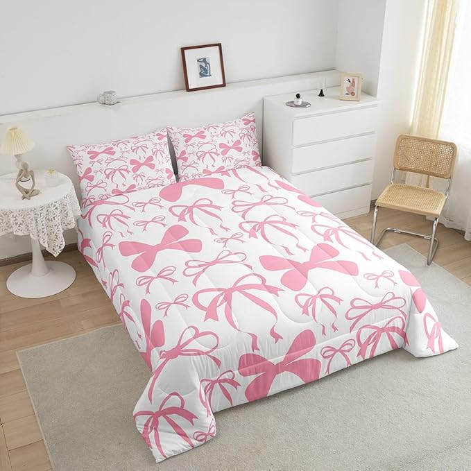 Feelyou Bow Bedding Set for Boys Girls Toddler Size - Black Cute Bowknot Comforter Set for Kids Women Men - Ultra Soft Pink Duvet Set - Kawaii Room Decor Lovely Quilt Set