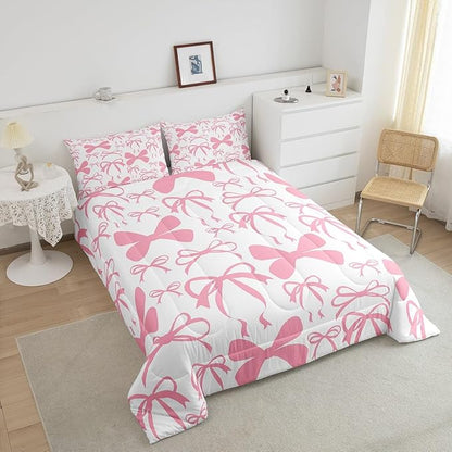 Feelyou Bow Bedding Set Boys Girls Queen Size Black Cute Bowknot Comforter Set for Kids Women Men Ultra Soft Pink Girls Bow Comforter Kawaii Bow Duvet Set Room Decor Lovely Decor Quilt Set