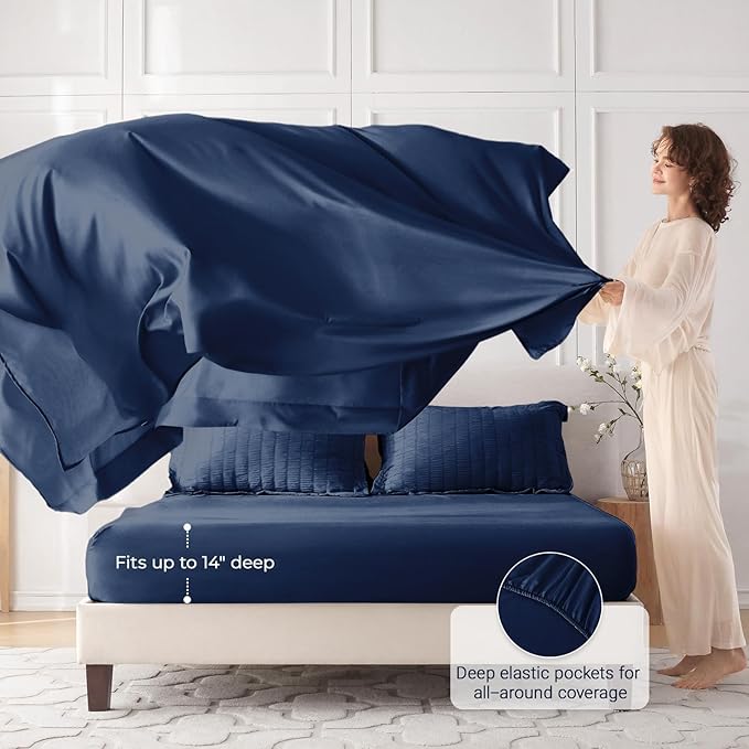 MUXHOMO 7 Pieces California King Comforter Set, Seersucker Bed in a Bag Cal King Size, All Season Luxury Bedding Set with Comforter, Flat Sheet, Fitted Sheet, Pillowcases & Shams, Navy Blue