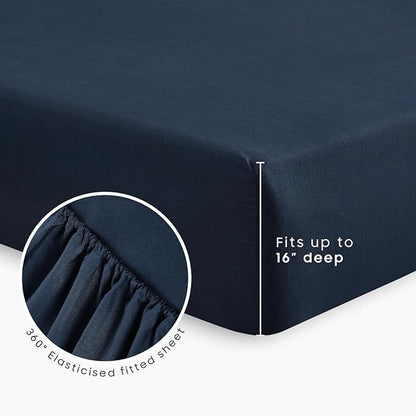 Wake In Cloud - Striped Comforter Set with Sheets, Ticking Stripe Vertical Pinstripe Neutral Farmhouse Pattern Printed, 5 Pieces Bed in a Bag, Navy Blue White, Twin Size
