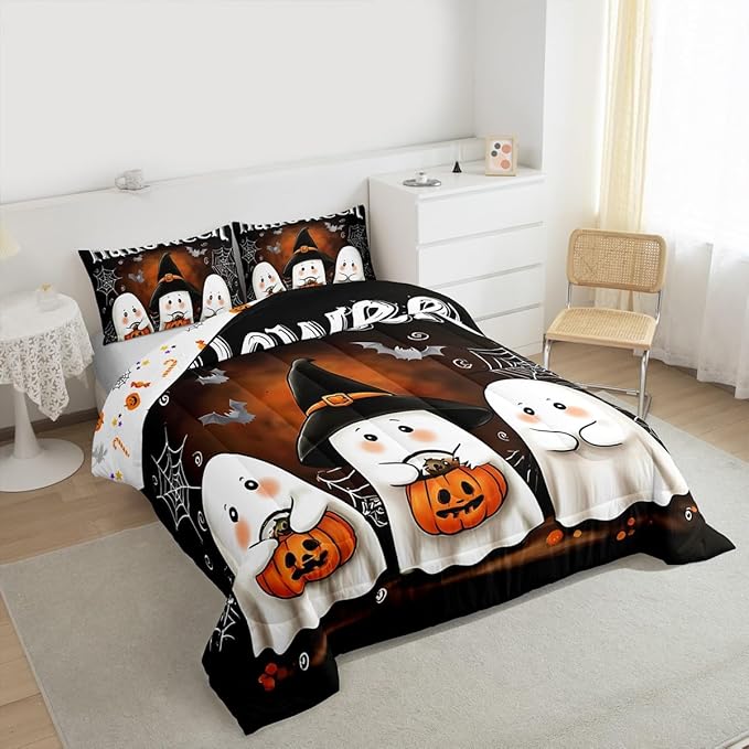 Erosebridal Boys Halloween Bedding Set Twin, Ghost Holding Pumpkin Comforter Set, Halloween Ghost with Wizard Hat Comforter, Bat Cobweb Black Quilt with 1 Pillowcase for Kids Girls Teens Bedroom