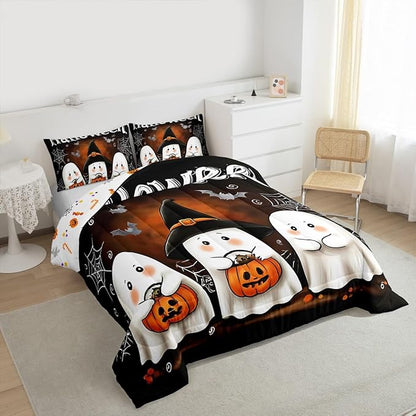 Erosebridal Boys Halloween Queen Comforter Set, Ghost Holding Pumpkin Bedding Set, Halloween Ghost with Wizard Hat Comforter, Bat Cobweb Black Quilt with 2 Pillowcases for Kids Girls Teens Bedroom