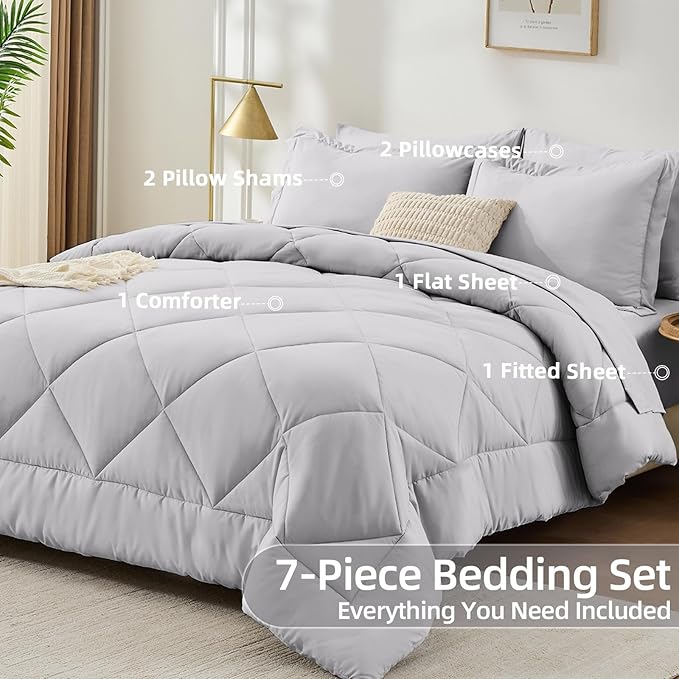 FUANNA 7 Pieces Queen Comforter Set, All Season Bed in a Bag Queen Size, Luxury Soft Bedding Sets with Comforter, Flat Sheet, Fitted Sheet, Pillowcases & Pillow Shams, Light Grey