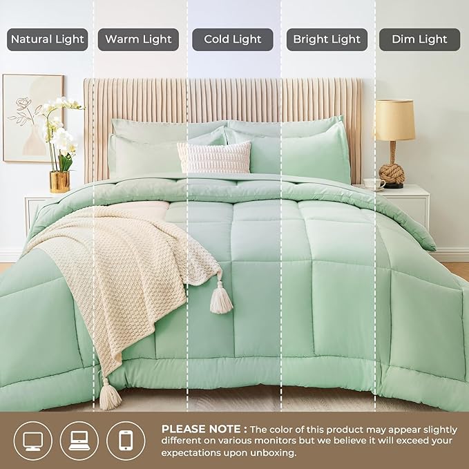 Sasttie Queen Comforter Set, 7 Pieces Bed in a Bag Queen, Complete Bedding Set Includes Comforter, Flat Sheet, Fitted Sheet, Pillowcases and Pillow Shams, Sage