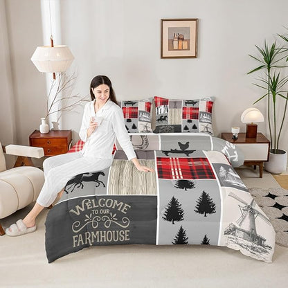 Erosebridal Cabin Rustic Lodge Comforter Set, Horseshoe Horse Quilt Full Size for Kids Boys Men Bedroom Decor,Country Windmill Down Comforter Retro Farmhouse Grid Patchwork Bedding, 2 Pillow Cases
