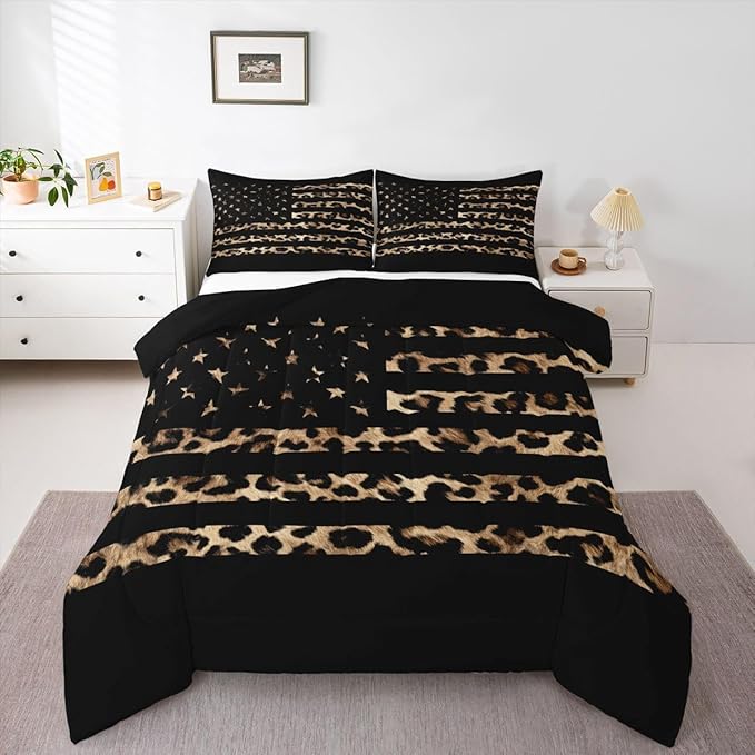 Feelyou American Flag Leopard Kids Comforter Set Full Size Hunting Bedding Set Brown Cheetah Print Duvet Quilt for Kids Boys Girls Bedroom Animal Fur Decor Microfiber Ultra Soft Breathable