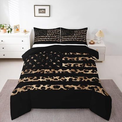 Feelyou American Flag Leopard Kids Comforter Set Full Size Hunting Bedding Set Brown Cheetah Print Duvet Quilt for Kids Boys Girls Bedroom Animal Fur Decor Microfiber Ultra Soft Breathable