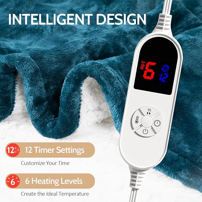 HOW'S MY HOUSE Heated Blanket 62"x84", Electric Blanket Twin Size with 6 Heating Levels & 12-Hours Timer, Flannel Sherpa Super Cozy with ETL Certification, Machine Washable, Green