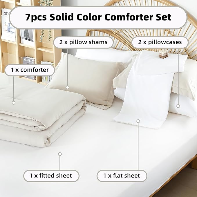 weigelia King Size Comforter Set 7 Pieces Beige Comforter Set Bed in a Bag Soft Microfiber King Bedding Set with Sheets, Pillow Shams and Pillowcases for All Season