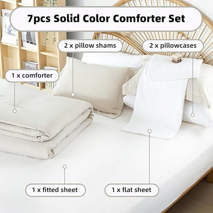 weigelia King Size Comforter Set 7 Pieces Beige Comforter Set Bed in a Bag Soft Microfiber King Bedding Set with Sheets, Pillow Shams and Pillowcases for All Season