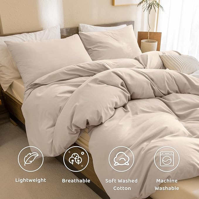 Sanracie Pre-Washed Cotton King Comforter Set, Beige Khaki Colored Bedding Set 3Pcs Ultra Soft Breathable Bed Comforter Set for All Season