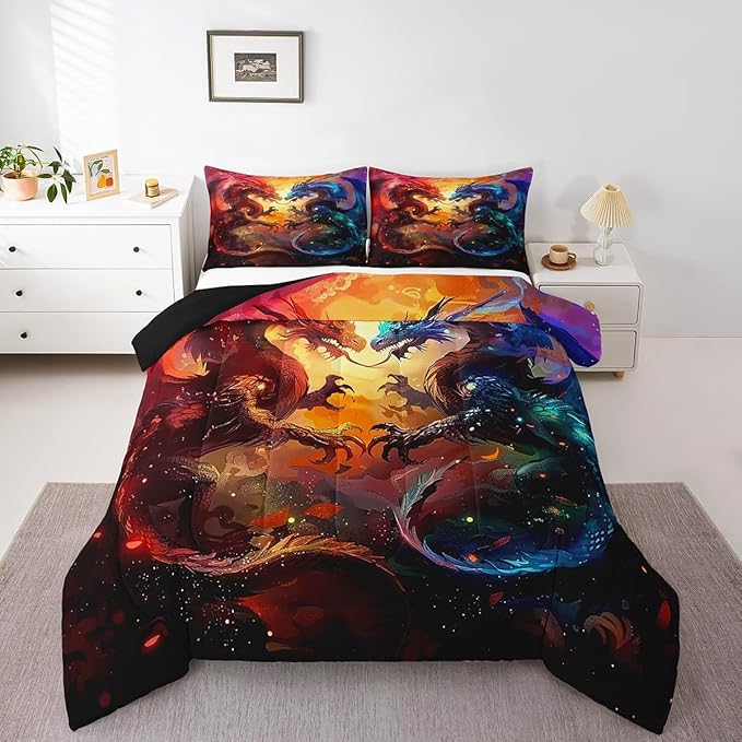 Feelyou Dragon Comforter Set Queen Size Western Dragon Comforter for Boys Girls Teens Wildlife Bedding Set Wild Animal Duvet Set Room Decor Dark Orange Quilt Set