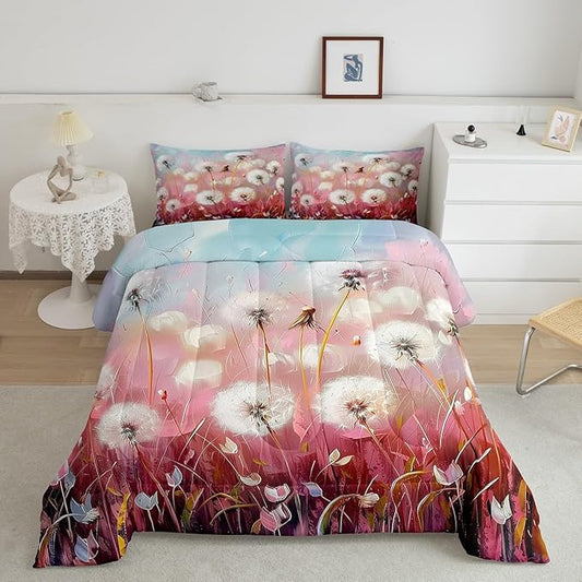 Dandelion Kids Comforter Toddler,Botanical Leaves Plants Bedding Set for Girls Youth Bedroom Decor,Pink Gradient Sky Reversible Quilt Sets,Farmhouse Style Bedding Comforter Set,Soft Fluffy