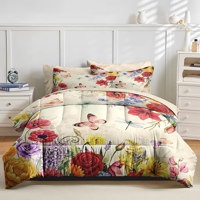 Nesker 7 Pcs Spring Comforter Set Full Size, Floral Butterfly Bedding Set for Kids and Adults, Poppy Rose Bed Sheet Sets with Fitted Sheet 2 Pillowcases & 2 Shams