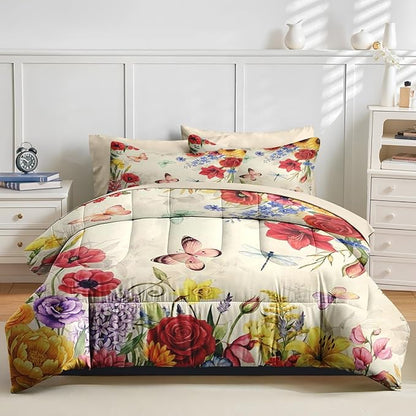 Nesker 7 Pcs Spring Comforter Set King Size, Floral Butterfly Bedding Set for Kids and Adults, Poppy Rose Bed Sheet Sets with Fitted Sheet 2 Pillowcases & 2 Shams