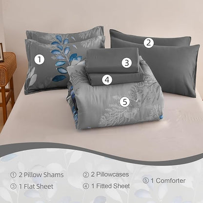 Anibedding 7 Pieces King Size Comforter Set, Grey Blue Botanical Gradient Leaves Ultra Soft Microfiber Down Alternative Bedding Set with Sheets and Pillowcase for All Season